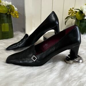 NEW Casual Corner Leather Square Buckle Loafer Kitten Heel Pump Black 5.5 NWOB